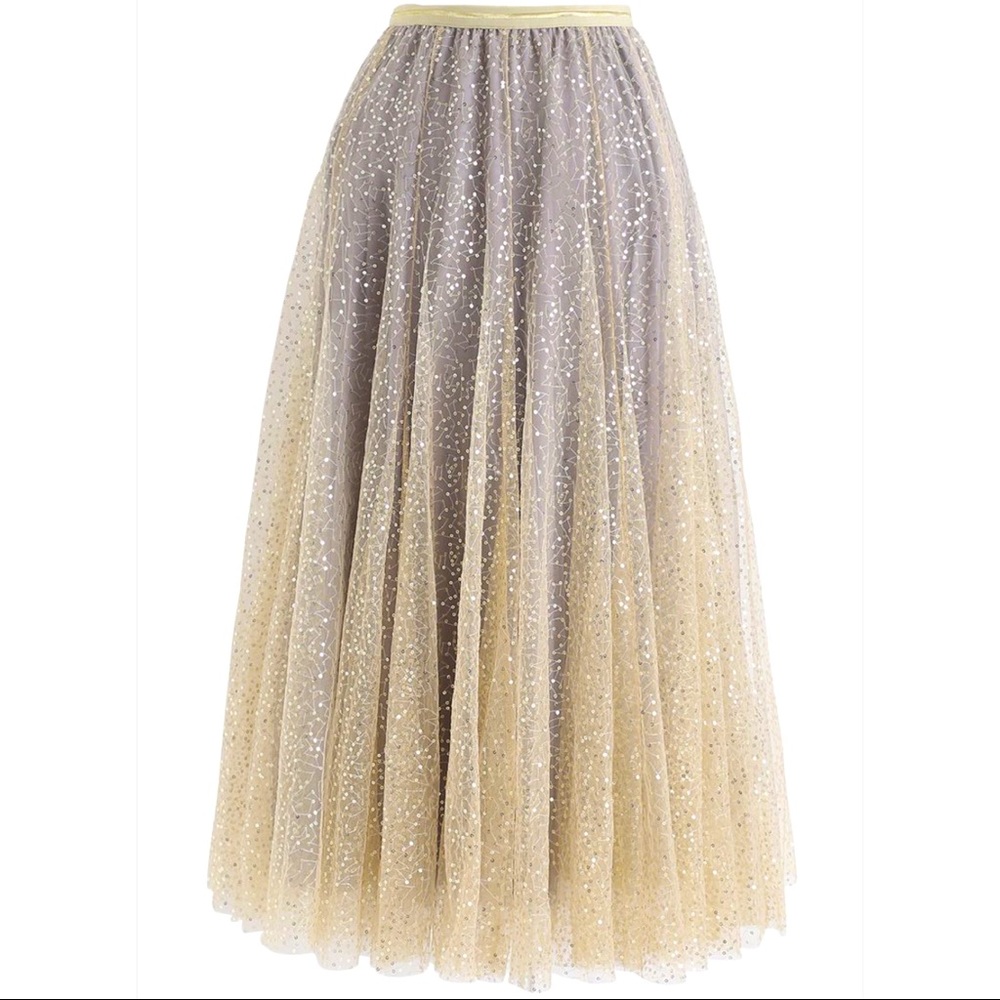 Chicwish Shimmer Sequins Embroidered Mesh Tulle Pleated Skirt - Size L/XL